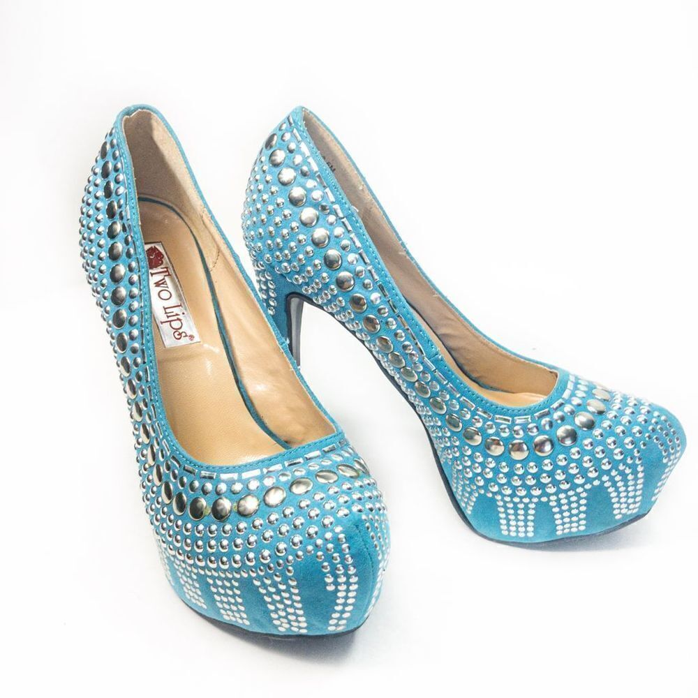 Two Lips Studlee Blue Studded Platform Heels Sz 6.5M